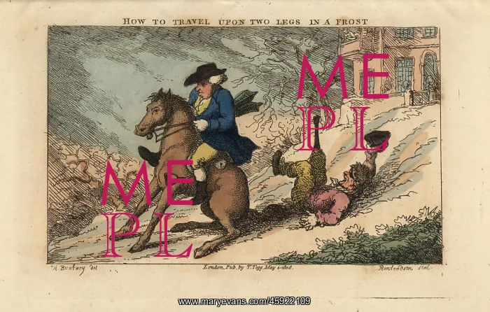 : Regency man riding a horse sliding down a hill on : Regency man riding a horse sliding down a hill on