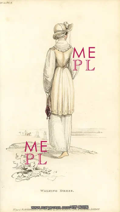 : Regency woman strolling on a beach, 1811 : Regency woman strolling on a beach, 1811