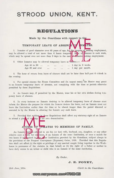 : Regulations Poster, Strood Union Workhouse, Kent : Regulations Poster, Strood Union Workhouse, Kent