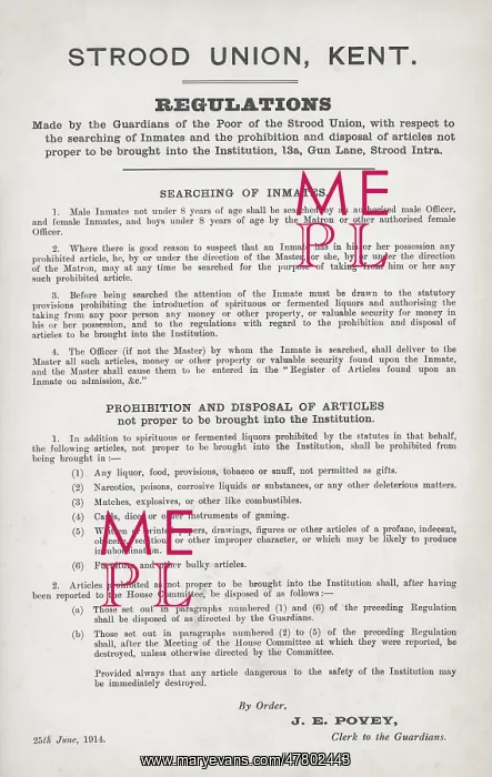 : Regulations Poster, Strood Union Workhouse, Kent : Regulations Poster, Strood Union Workhouse, Kent