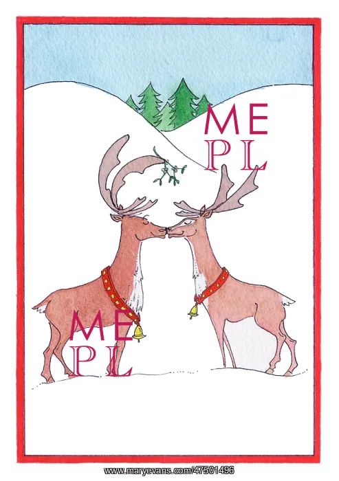 : Two reindeers with bells and mistletoe : Two reindeers with bells and mistletoe