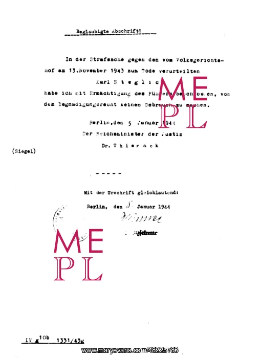 : Rejection of clemency for Karl Steglich, 1944 : Rejection of clemency for Karl Steglich, 1944