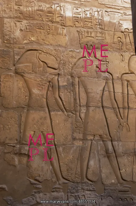 : Relief depicting the god of wisdom, Toth and the god of the d : Relief depicting the god of wisdom, Toth and the god of the d