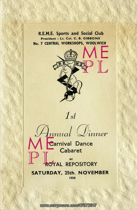 : REME Woolwich, Dinner Dance card : REME Woolwich, Dinner Dance card