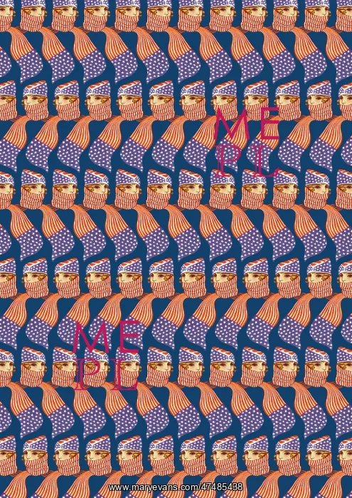 : Repeating Pattern - Girl in Stars and Stripes Scarf, blue : Repeating Pattern - Girl in Stars and Stripes Scarf, blue