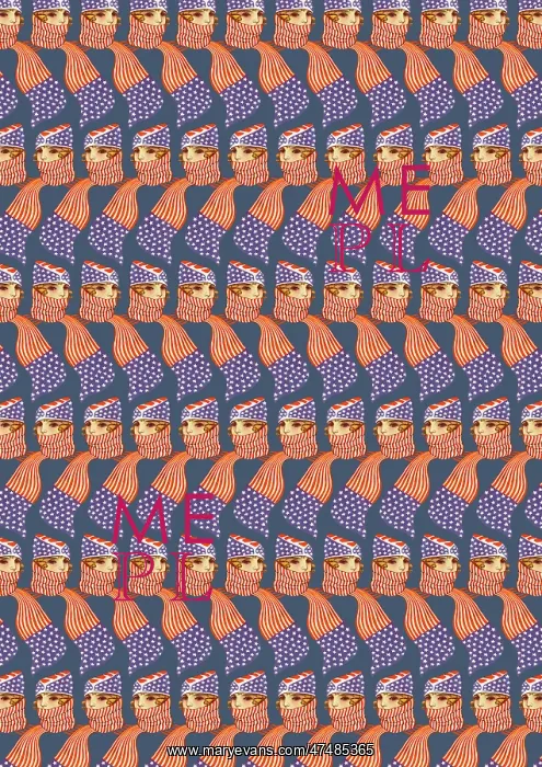 : Repeating Pattern - Girl in Stars and Stripes Scarf, grey : Repeating Pattern - Girl in Stars and Stripes Scarf, grey