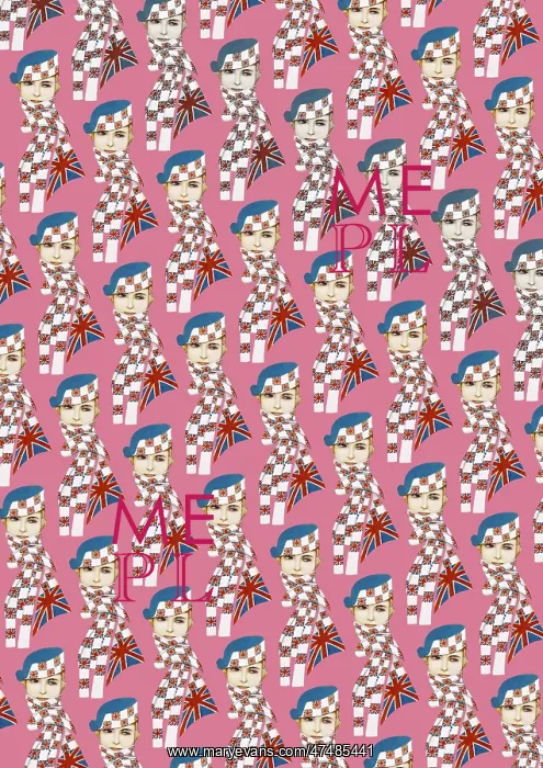 : Repeating Pattern - Girl in Union Jack Flag Scarf, pink : Repeating Pattern - Girl in Union Jack Flag Scarf, pink
