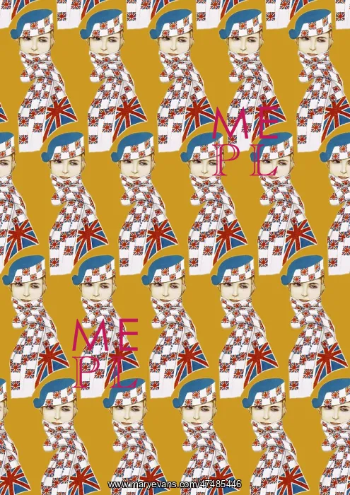 : Repeating Pattern - Girl in Union Jack Flag Scarf, yellow : Repeating Pattern - Girl in Union Jack Flag Scarf, yellow