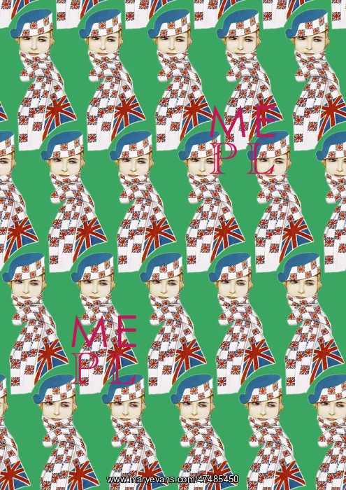 : Repeating Pattern - Girl in Union Jack Flag Scarf, green : Repeating Pattern - Girl in Union Jack Flag Scarf, green