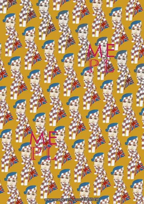 : Repeating Pattern - Girl in Union Jack Flag Scarf, yellow : Repeating Pattern - Girl in Union Jack Flag Scarf, yellow