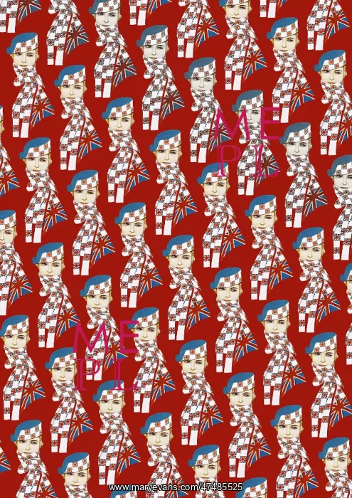 : Repeating Pattern - Girl in Union Jack Flag Scarf, red : Repeating Pattern - Girl in Union Jack Flag Scarf, red