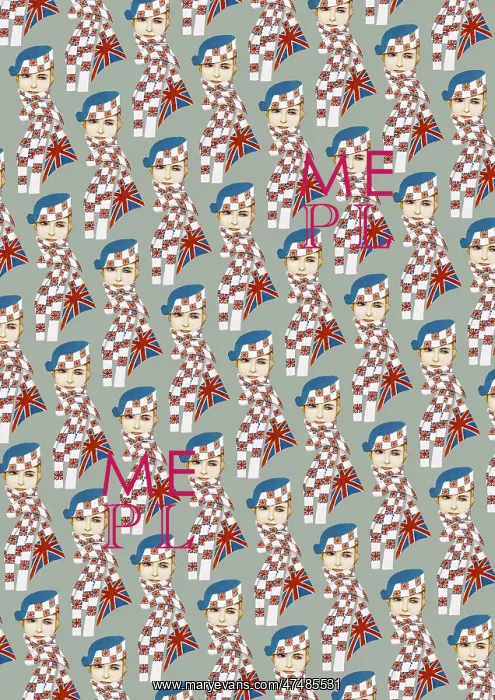 : Repeating Pattern - Girl in Union Jack Flag Scarf, grey : Repeating Pattern - Girl in Union Jack Flag Scarf, grey