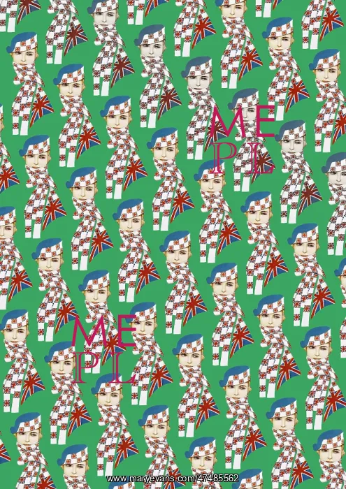 : Repeating Pattern - Girl in Union Jack Flag Scarf, green : Repeating Pattern - Girl in Union Jack Flag Scarf, green