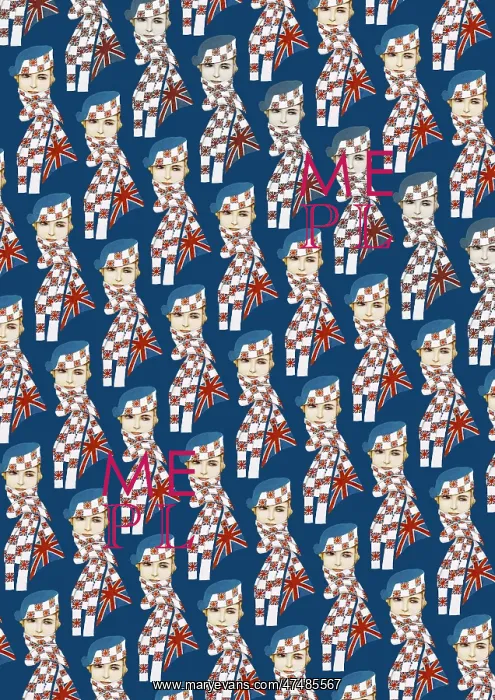 : Repeating Pattern - Girl in Union Jack Flag Scarf, blue : Repeating Pattern - Girl in Union Jack Flag Scarf, blue