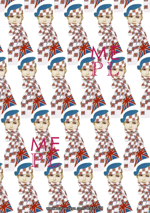 : Repeating Pattern - Girl in Union Jack Flag Scarf, white : Repeating Pattern - Girl in Union Jack Flag Scarf, white