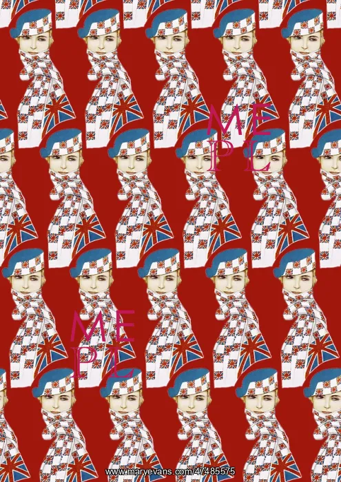 : Repeating Pattern - Girl in Union Jack Flag Scarf, red : Repeating Pattern - Girl in Union Jack Flag Scarf, red