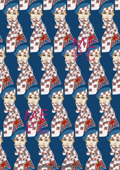 : Repeating Pattern - Girl in Union Jack Flag Scarf, blue : Repeating Pattern - Girl in Union Jack Flag Scarf, blue
