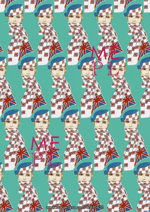 : Repeating Pattern - Girl in Union Jack Flag Scarf, turquoise : Repeating Pattern - Girl in Union Jack Flag Scarf, turquoise