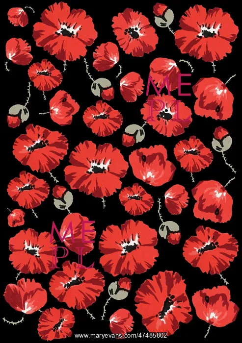 : Repeating Pattern - Poppies - Black background : Repeating Pattern - Poppies - Black background