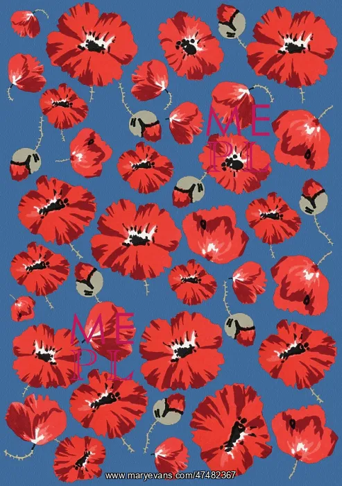 : Repeating Pattern - Poppies - Blue background : Repeating Pattern - Poppies - Blue background