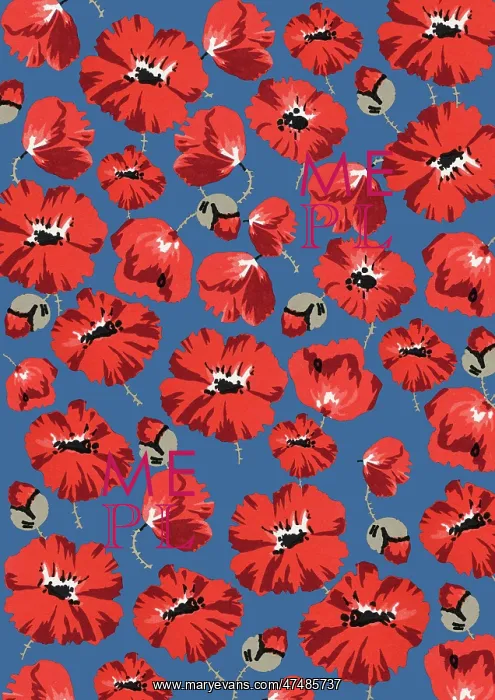 : Repeating Pattern - Poppies - Blue background : Repeating Pattern - Poppies - Blue background