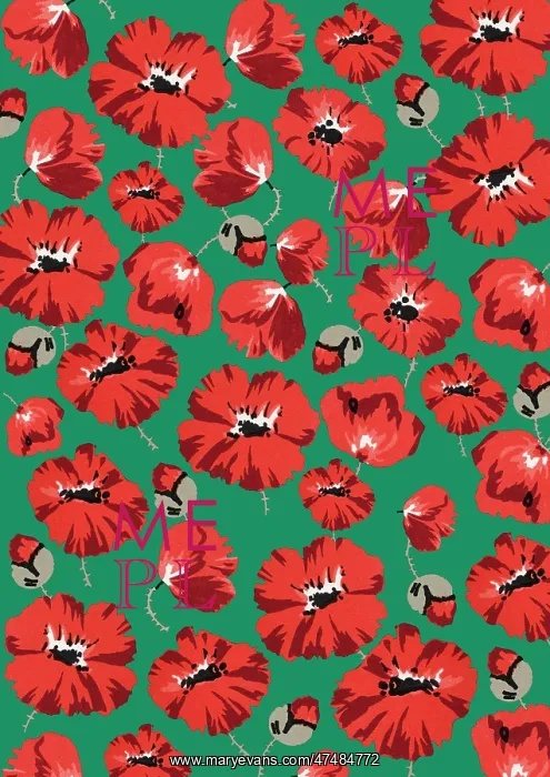 : Repeating Pattern - Poppies - Green background : Repeating Pattern - Poppies - Green background