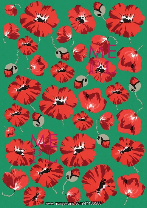 : Repeating Pattern - Poppies - Green background : Repeating Pattern - Poppies - Green background