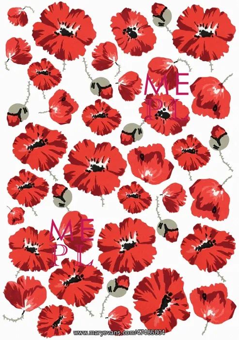 : Repeating Pattern - Poppies - White background : Repeating Pattern - Poppies - White background