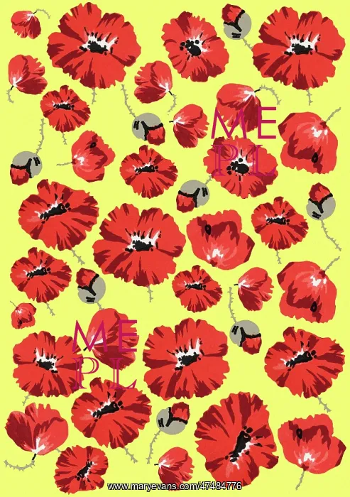 : Repeating Pattern - Poppies - Yellow background : Repeating Pattern - Poppies - Yellow background