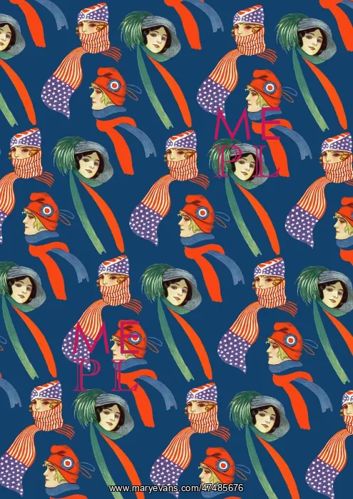 : Repeating Pattern - three women in scarves and hats, blue : Repeating Pattern - three women in scarves and hats, blue