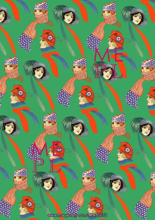 : Repeating Pattern - three women in scarves and hats, green : Repeating Pattern - three women in scarves and hats, green