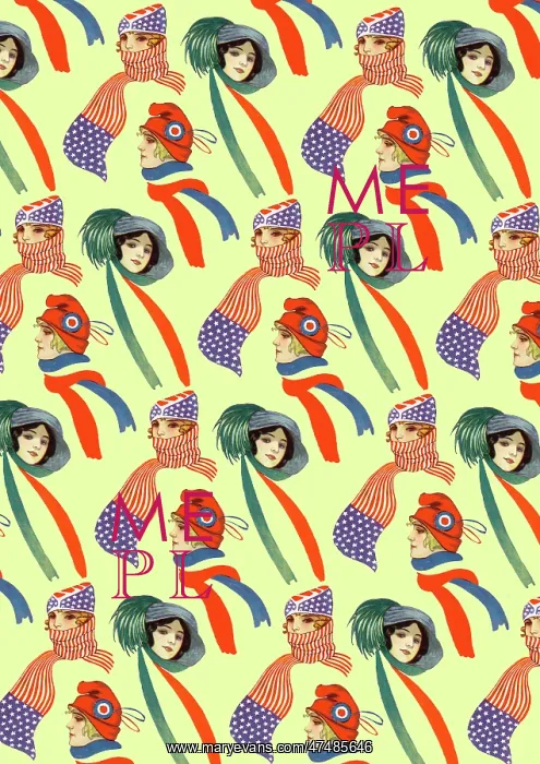 : Repeating Pattern - three women in scarves and hats, lemon : Repeating Pattern - three women in scarves and hats, lemon