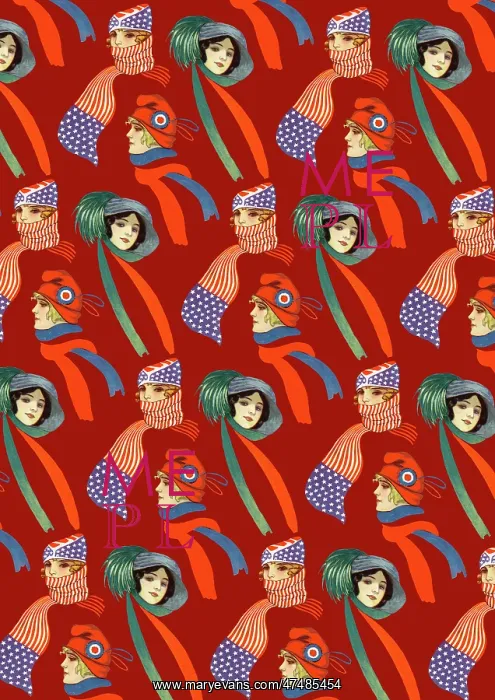 : Repeating Pattern - three women in scarves and hats, red : Repeating Pattern - three women in scarves and hats, red