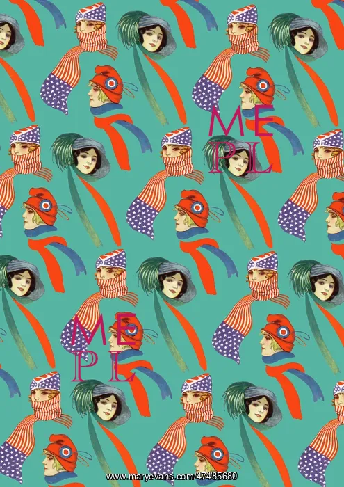 : Repeating Pattern - three women, scarves and hats, turquoise : Repeating Pattern - three women, scarves and hats, turquoise