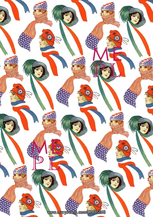 : Repeating Pattern - three women in scarves and hats, white : Repeating Pattern - three women in scarves and hats, white