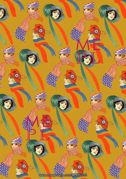 : Repeating Pattern - three women in scarves and hats, yellow : Repeating Pattern - three women in scarves and hats, yellow