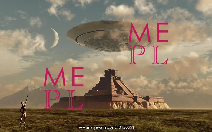 : A reptoid greets an incoming flying saucer above a pyramid : A reptoid greets an incoming flying saucer above a pyramid