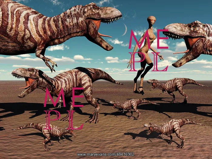 : A reptoid being and her pet dinosaurs : A reptoid being and her pet dinosaurs