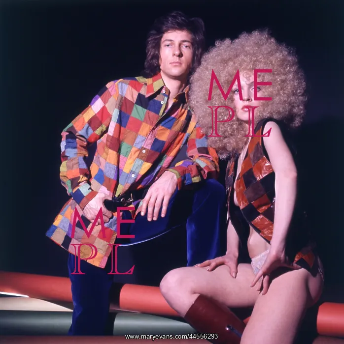 : Retro couple in matching patchwork outfits 1970s : Retro couple in matching patchwork outfits 1970s
