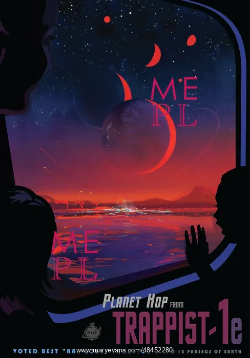 : Retro space travel poster of viewers observing : Retro space travel poster of viewers observing