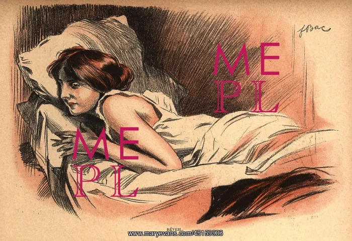 : Reveil. This illustration portrays a young woman lying on her front in bed : Reveil. This illustration portrays a young woman lying on her front in bed
