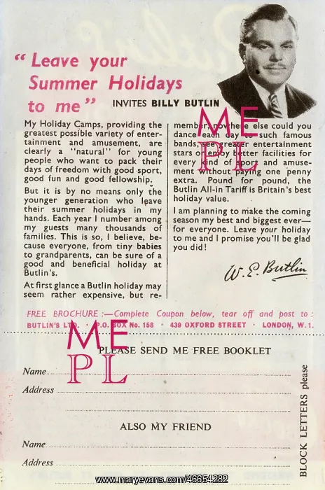 : Reverse of a Flyer for a free Butlin's Holiday Booklet : Reverse of a Flyer for a free Butlin's Holiday Booklet