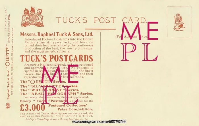 : The reverse of a Raphael Tuck & Sons postcard : The reverse of a Raphael Tuck & Sons postcard