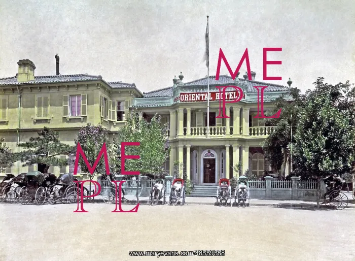 : Rickshaws outside the Oriental Hotel, Kobe, Japan, circa 188 : Rickshaws outside the Oriental Hotel, Kobe, Japan, circa 188