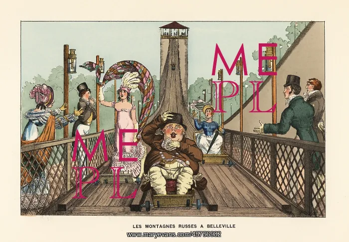 : Riders on the Belleville rollercoaster, early 19th century : Riders on the Belleville rollercoaster, early 19th century