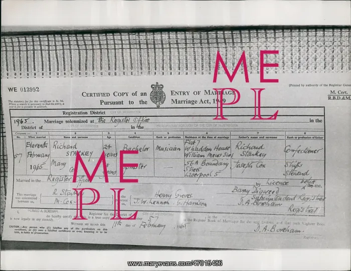 : Ringo Starr and Mary Cox marriage certificate : Ringo Starr and Mary Cox marriage certificate