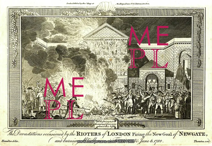 : Rioters setting fire to Newgate Prison, London : Rioters setting fire to Newgate Prison, London