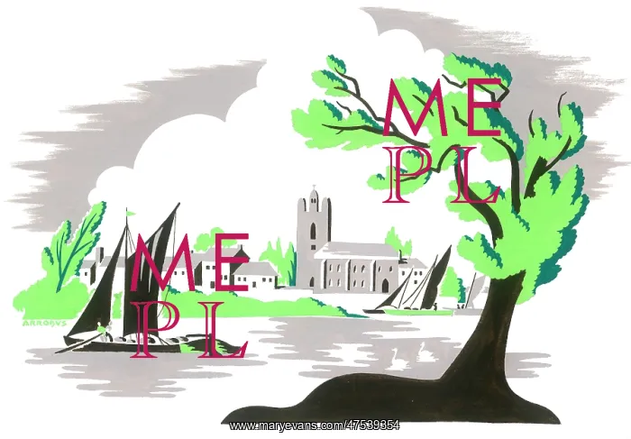 : River scene with tree, boats and church : River scene with tree, boats and church