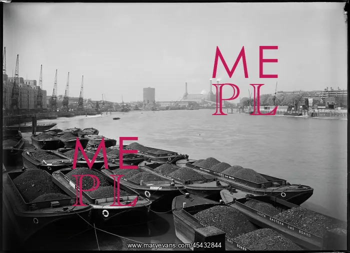 : River Thames from south of Vauxhall Bridge, with coal barges : River Thames from south of Vauxhall Bridge, with coal barges