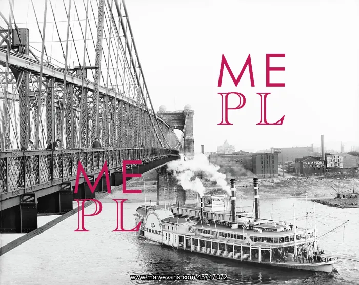 : Riverboat - Cincinnati - Suspension Bridge - Ohio River : Riverboat - Cincinnati - Suspension Bridge - Ohio River